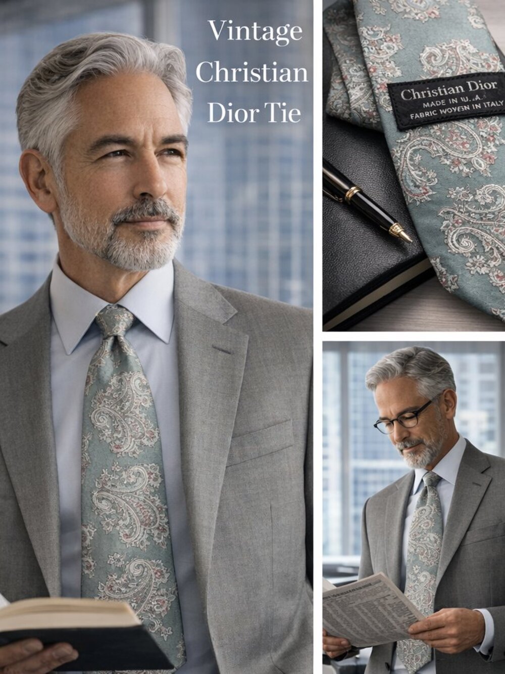 Vintage Christian Dior Silk Tie Made in USA Fabric Woven in Italy Sage Paisley - Picture 3 of 7